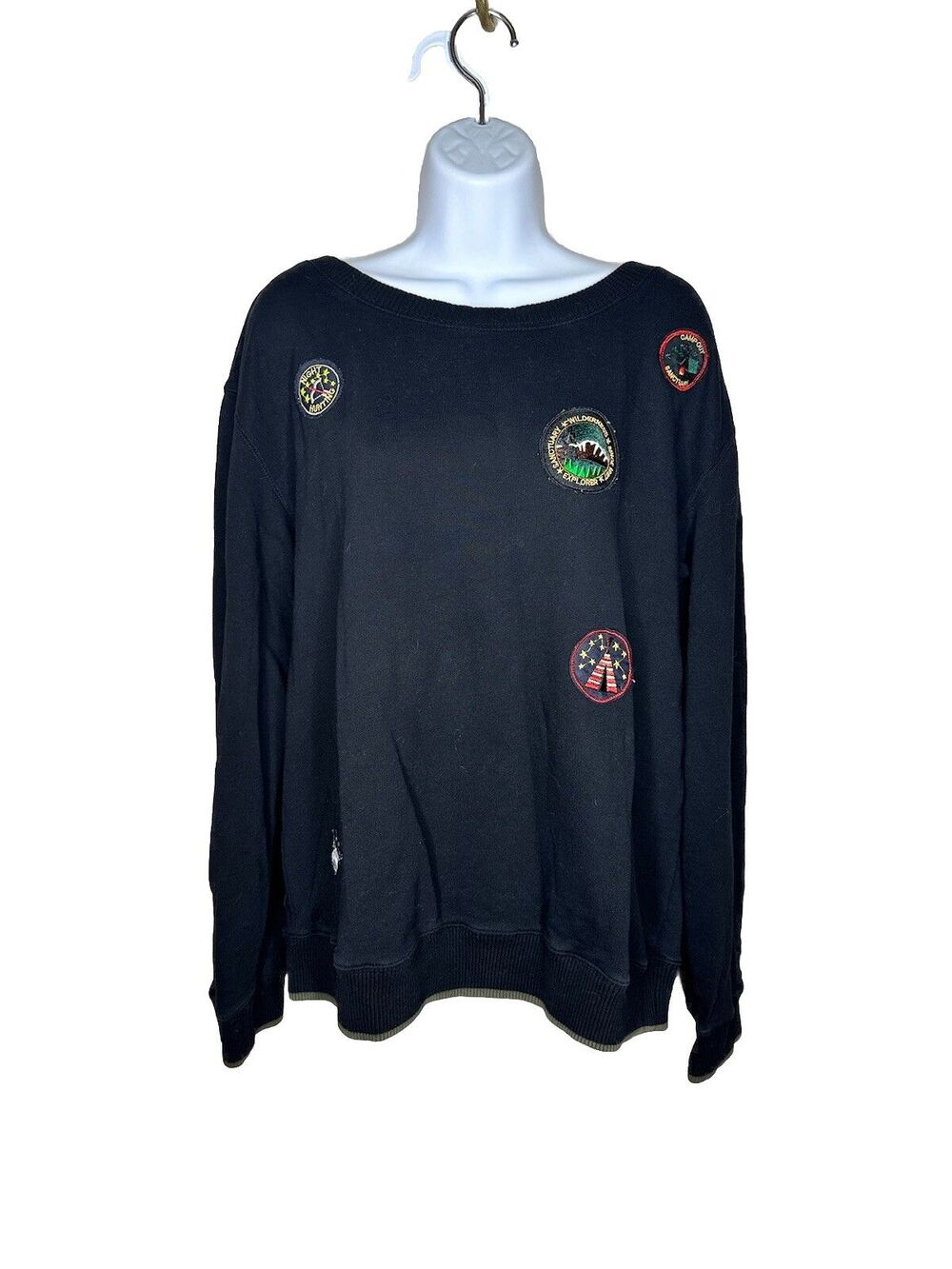 Sanctuary Womens Large Black Scout Patch Sweatshirt Crewneck Pullover Top
